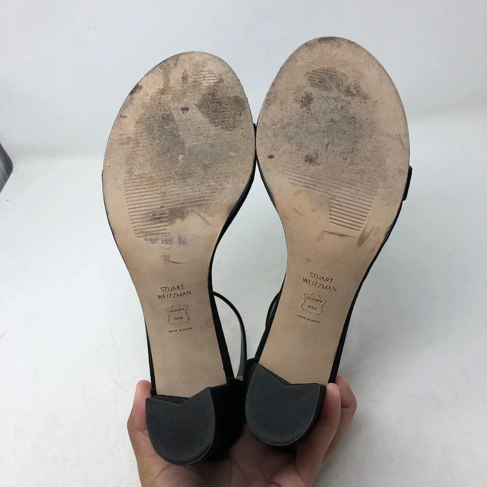 Stuart Weitzman Nearly Nude Strappy Block Heels Womens 9 Black Suede Going Out‎